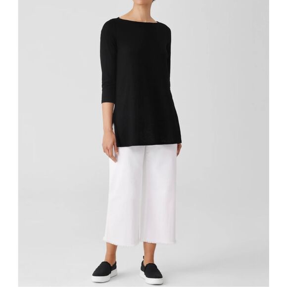 Eileen Fisher $148 Organic Linen Jersey Bateau Neck tunic Top Black XXS NEW - Picture 2 of 11